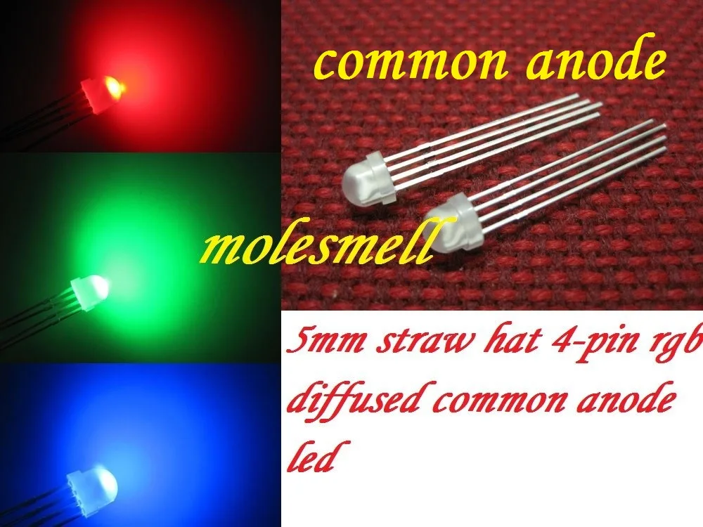 

10000pcs 5mm Straw Hat 4-Pin diffused Tri-Color RGB milky white lens Common Anode Red Green Blue LED Leds 5mm StrawHat 4Pin RGB