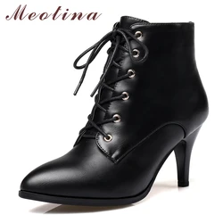 Meotina Ankle Boots Winter Women Boots Lace Up High Heel Short Boots Pointed Toe Square Heel Shoes Female Zipper Plus Size 33-43