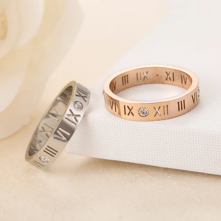 JeeMango Titanium Steel Mosaic Cubic Zirconia Crystal Roman Numeral Ring Classic Engagement Wedding Rings For Women R17158