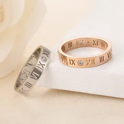 JeeMango Titanium Steel Mosaic Cubic Zirconia Crystal Roman Numeral Ring Classic Engagement Wedding Rings For Women R17158