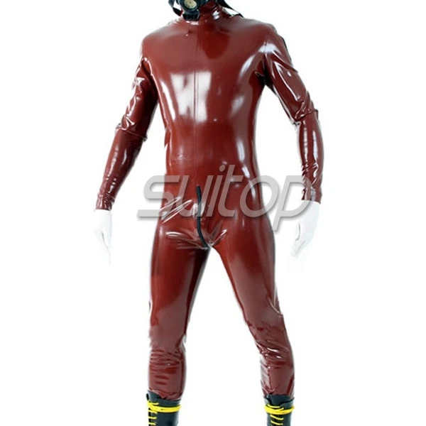 Venda superior colada natureza látex borracha catsuit com zíper de ombro zentai e virilha zip trajes uniforme sexy