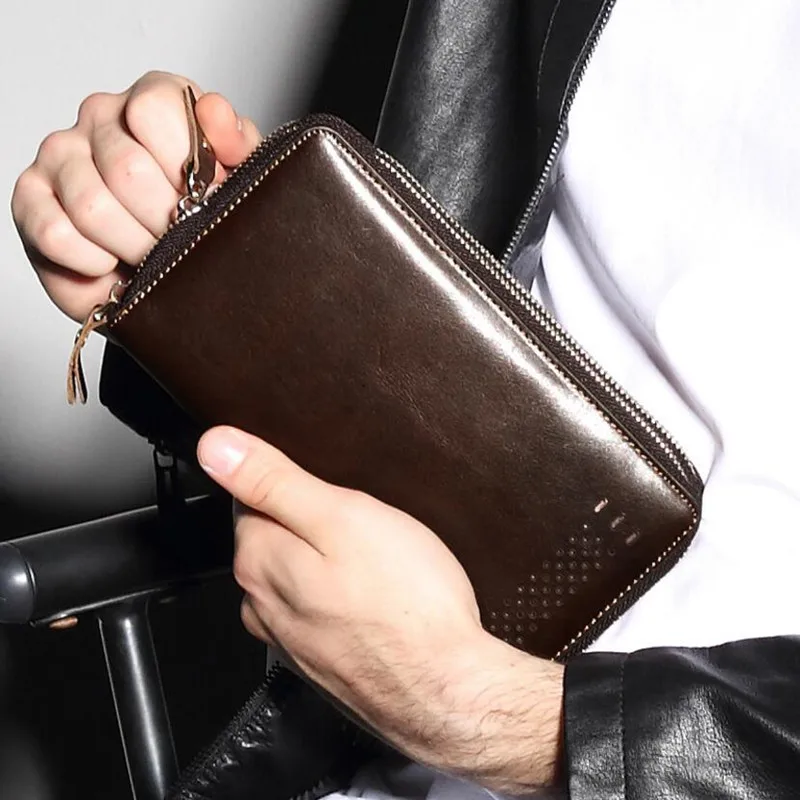 Luxury Wallets Double Zipper Genuine Leather Male Purse Business Men Long Wallet Designer Brand Mens Clutch Bag