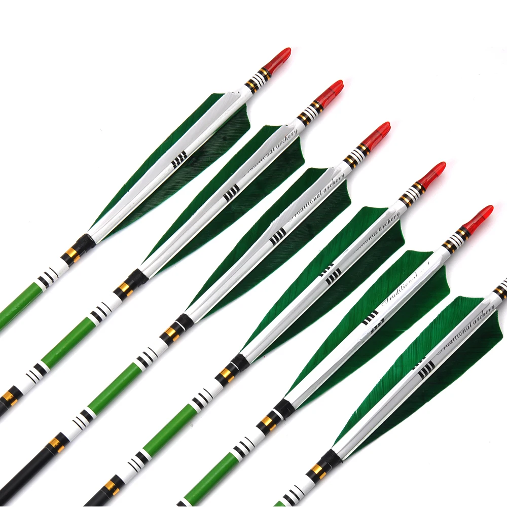 6/12/24pcs 85cm Spine 500 Carbon Arrows with 2 Green 1 White Turkey Feather White Green Stickers for Hunting Shooting Archery