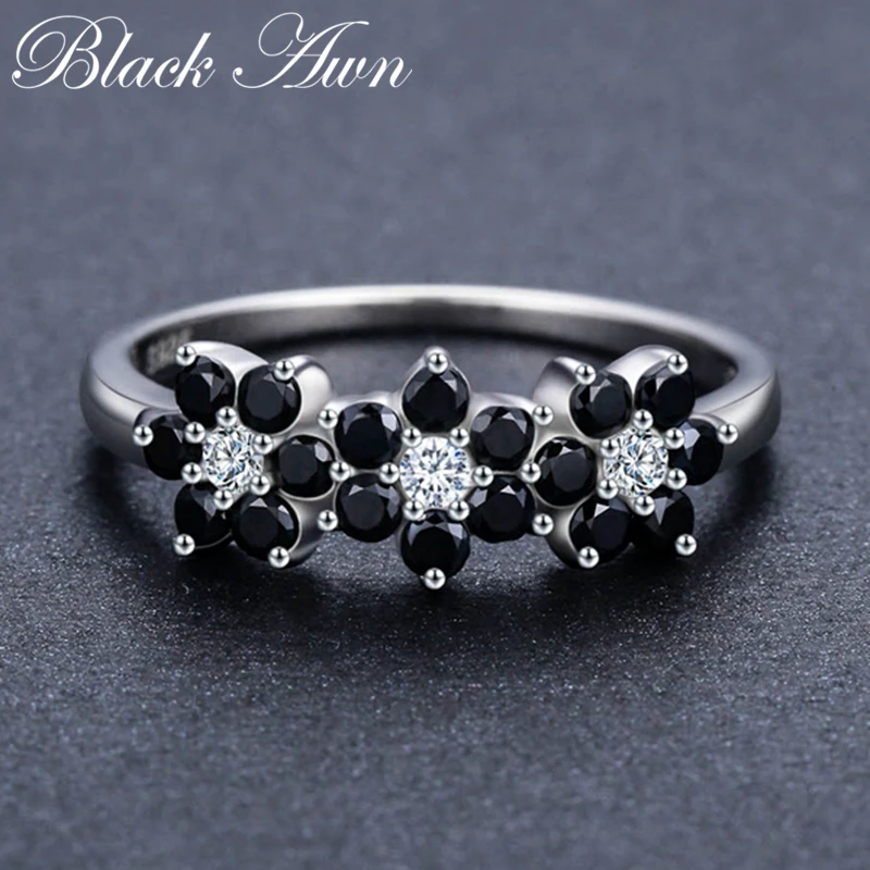 [BLACK AWN] Vintage 2.1g Silver Color Jewelry Bague Flower Black Spinel Engagement Rings for Women Girl Gift C464