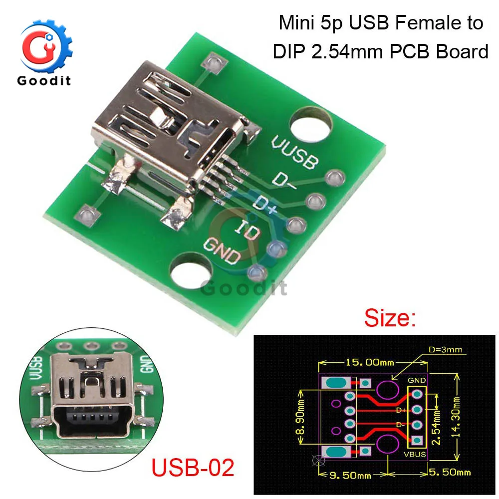 Mini USB A Macho para Fêmea, USB 2.0, 3.0, Conector B, Interface para DIP 2.54mm, Conversor PCB, Adaptador, Breakout Board