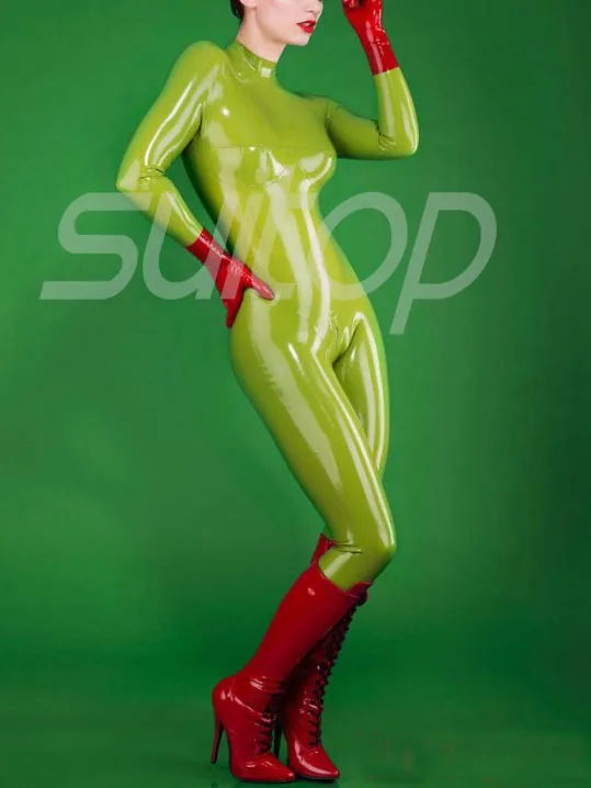 Nữ Cao Su Cao Su Catsuit (Không Có Găng Tay Và Feets) (Xanh Oliu Xanh Táo Amry Greenlatex)