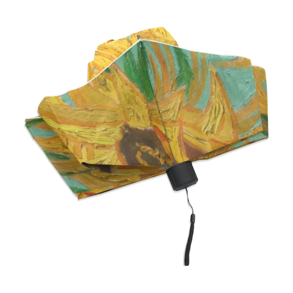 Van Gogh Sunflowers Oil Painting Sun Rain Female Umbrella Three Folding Full Automatic Windproof Men Umbrella For Painting Lover