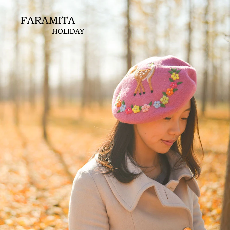 Faramita Holiday Flower and Fawn Pink Wool Felt Cute Girls Women Beautiful Forest Cartoon Hat Cap Party Beret Warm Winter Hat