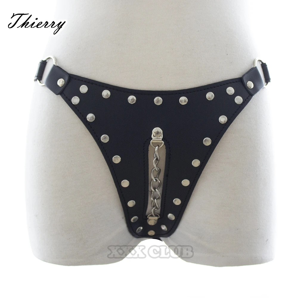 Thierry aAdult Games Female Sex Products Exotic PU Leather Black Thongs Sexy Chain Sexy Chain Adjustable Chastity Belt for Women