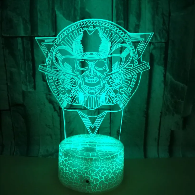 3D Skull Night Light 7 Color Flashing Acrylic Skull Head Halloween Punisher Mood Nightlight USB Crack Base LED Scared Lamp