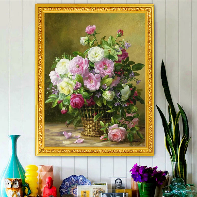 Needlework,DIY Cross Stitch,Set for Full Embroidery Kit,Noble Vase Rose Peony Flower Printed Pattern Cross Stitch Handwork Gift