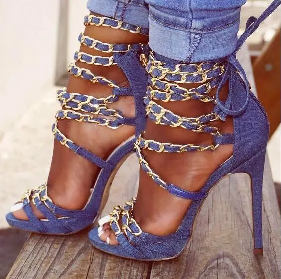 Summer New Brand Women Blue Beige Cross Chains Zipper Back Suede Gladiator Stiletto Heel Dress Party Sandals Pumps Lady Size 43