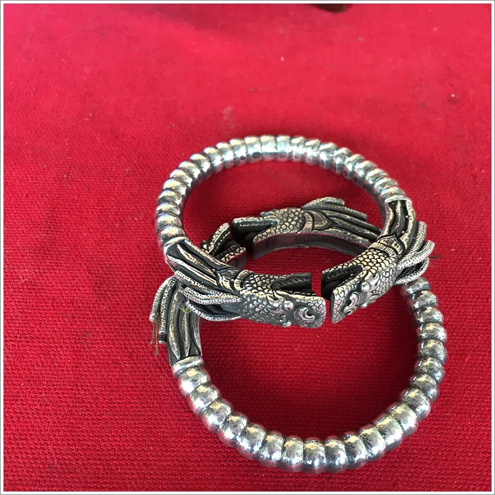 3 Desain Antik Siver S999 Perak Murni Vintage Tangan Ukiran Naga Buka Gelang untuk Pria dan Wanita