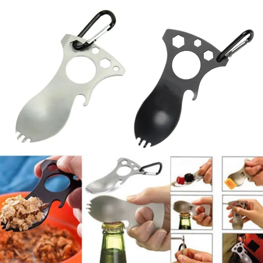 Stainless Steel Outdoor Multi Function EDC Spoon Fork Hex Wrench Bottle Opener Carabiner Camping Picnic Tableware Tactical Spork