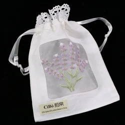 B011 White ramie cotton 12pieces embroidery Lavender gift bags Lace edge  Storage bags  5x7 inches sachet bags, travel pouch