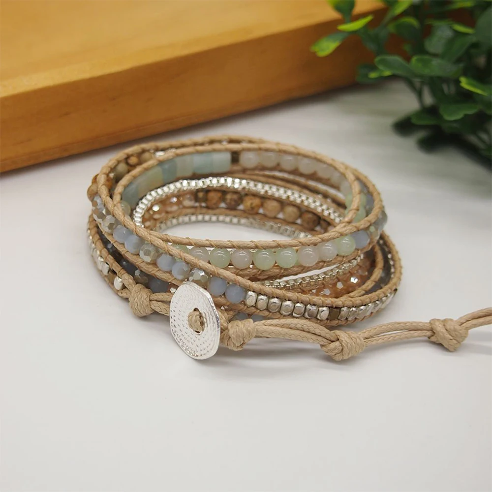 Amazonite Mix 5 Wrap Bracelet, Boho Beadwork 316 Stainless Steel Box Chain Unisex Bracelet Jewelry for Women Men Drop Shipping