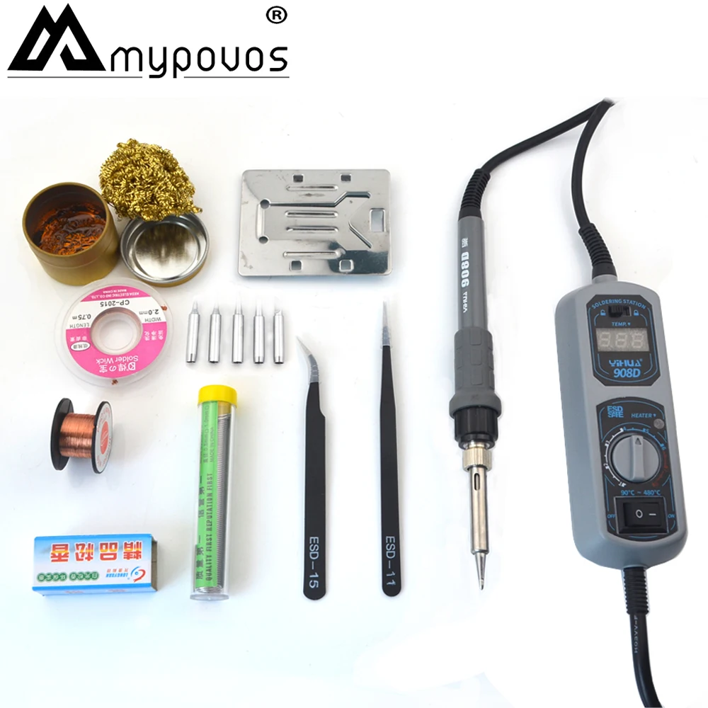 

YIHUA 908D Adjustable thermostat Electric soldering iron set Welding repair tools kit set 220V +5tips+tweezers+Solder