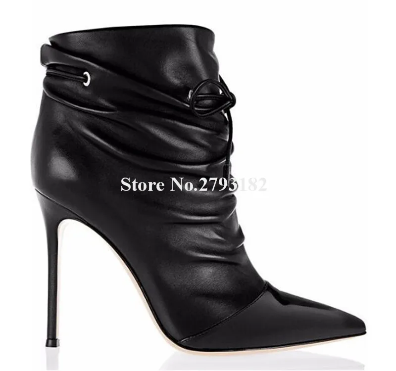 

Women Elegant Black Leather Pointed Toe Lace-up Thin Heel Short Boots Classical Style Patent Toe High Heel Ankle Boots