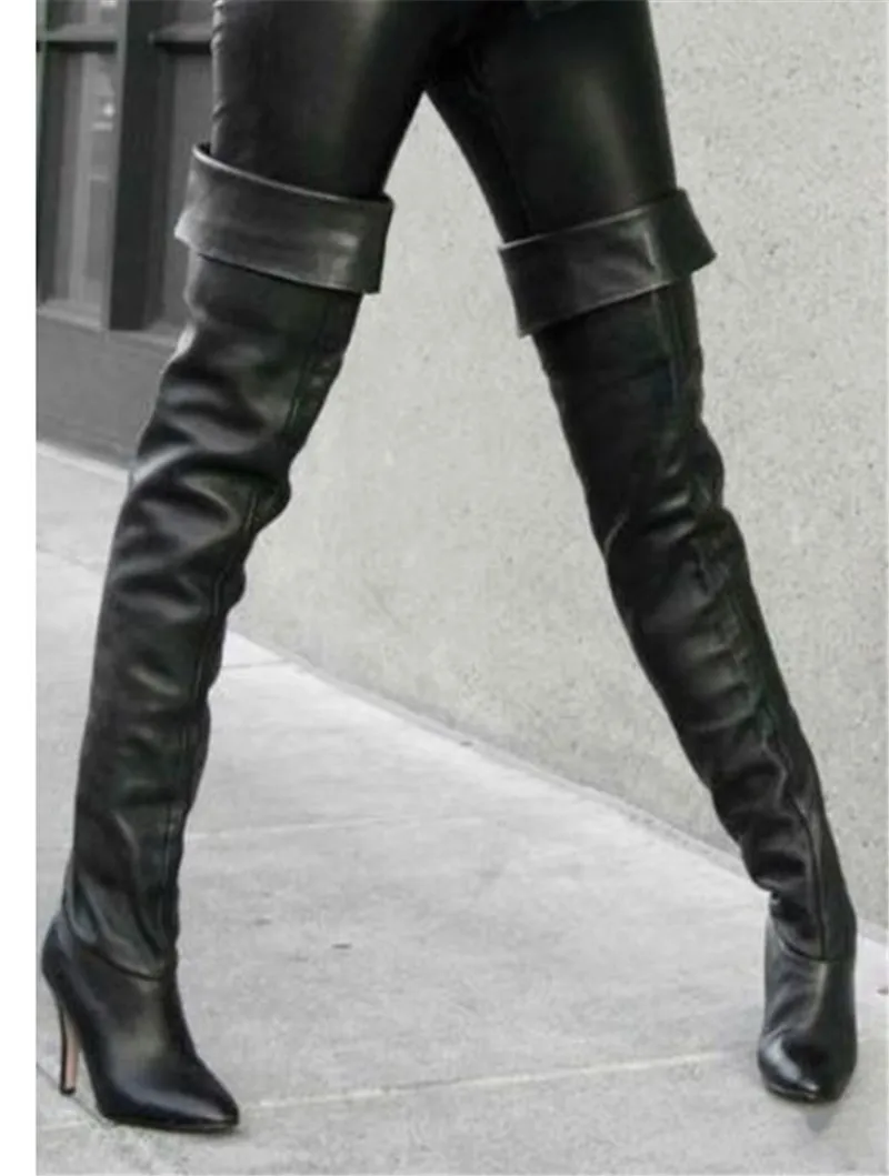 Black Over The Knee Boots Women Pu Leather Thin High Stiletto Heeled Shoes Women Chaps Street Thigh High Boots Botas Mujer