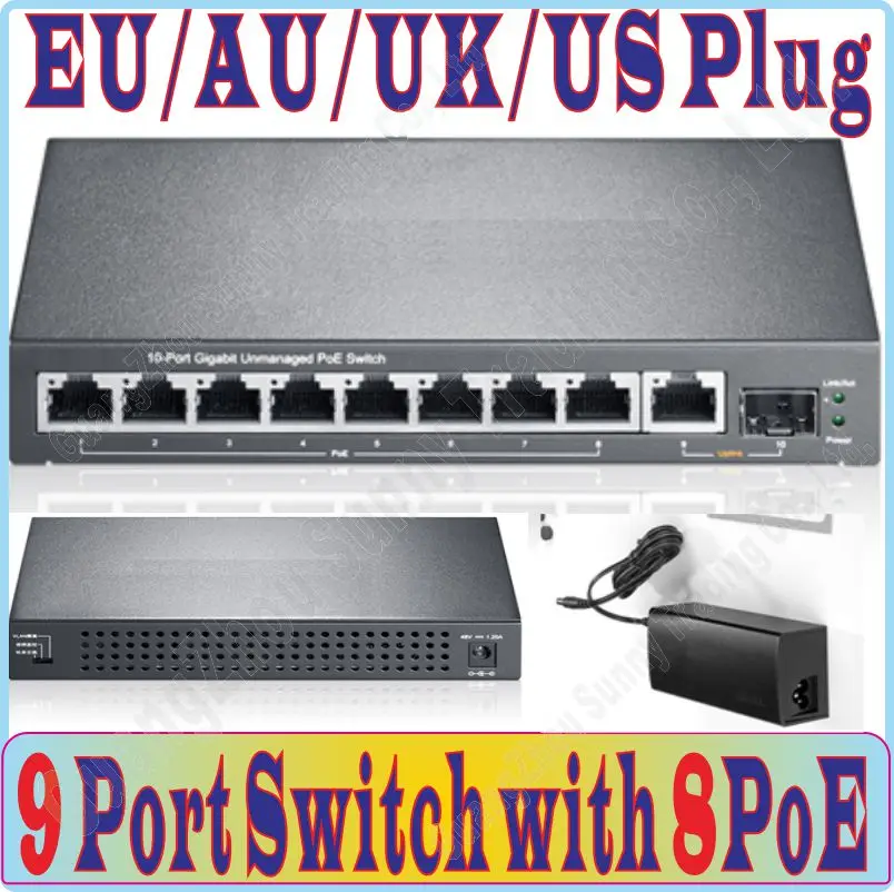 Max. 54W, 9 port 8 poe switch IEEE802.3af at PoE suit for all kind of poe camera or AP, Plug&Play, 1000Mbps port *1, SFP port *1