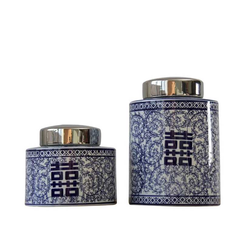 Jingdezhen Ceramic Hand Silver-plated Chinese Blue and White Porcelain Storage Tank