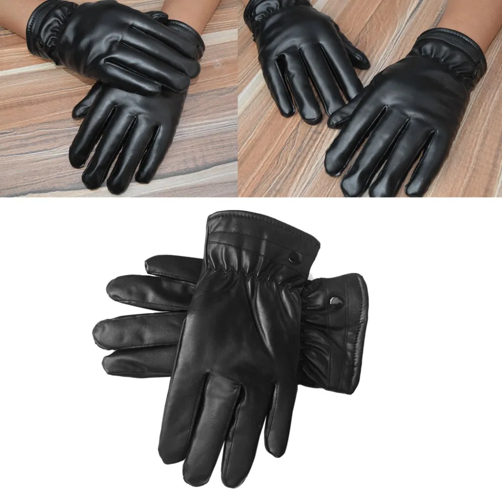 Herren Faux Leder Winter Handschuhe Gefüttert Warm Verdicken Geraffte Handgelenk Hand Wärmer Weiche