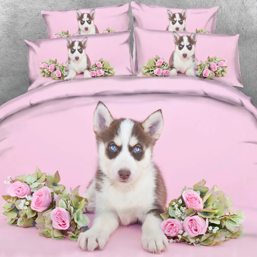 4 PCS PER SET Sweet Blue eyed Husky dog and Roses many lovely Dog print for girl bed sheet  and boy bed sheet children Bed  sets