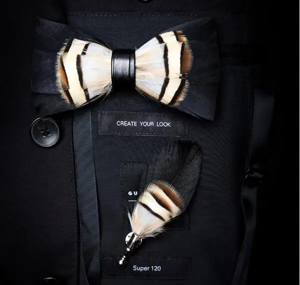 Ricnais Kwaliteit Mens Natuurlijke Veren en Lederen Strikje Handgemaakte Pre-gebonden Bowtie en broche set Geschenkdoos Pak wedding Party