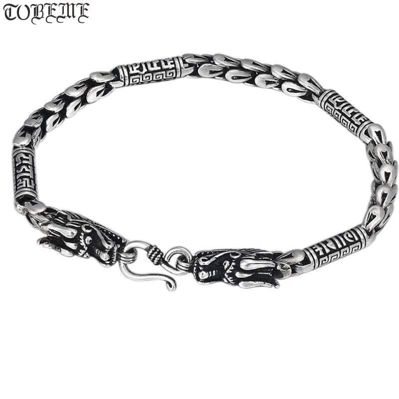 

100% 925 Siilver Dragon Bracelet Vintage Sterling Tiibetan Six Words Man Bracelet Good Luck Bracelet Lucky Symbol Jewelry