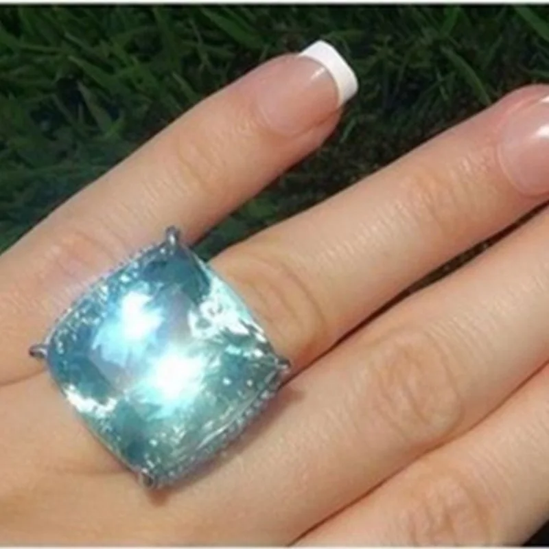 OMHXZJ Wholesale European Fashion Woman Man Party Wedding Gift Silver Square Sea Blue Topaz 925 Sterling Silver Ring RR166