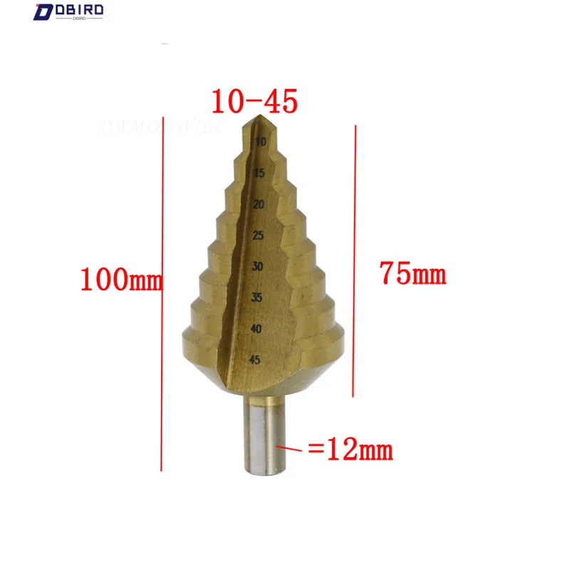 

Large Size Tri-Flat Shank HSS Titanium Coated Cone Step Drill Bit Hole Cutter Taper Point Drill Bit10-45mm