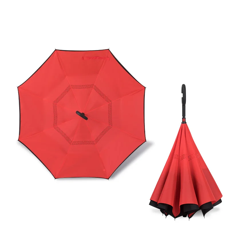Paraguas invertido de doble capa plegable de vástago largo, a prueba de viento, gancho en C inverso, paraguas de golf para hombre, paraguas inverso