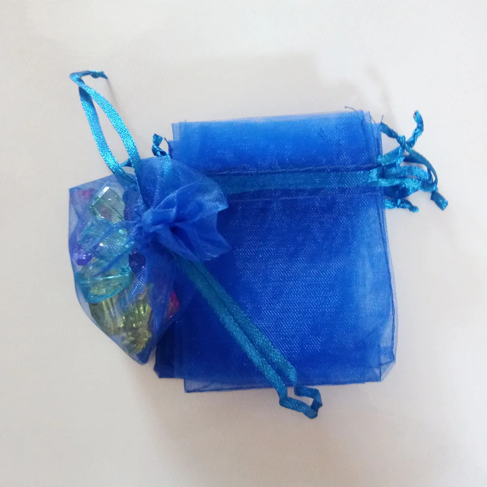 100 Uds. Bolsas de regalo de color azul real, bolsas de joyería y embalaje, bolsa de Organza, bolsa con cordón, bolsas de exhibición de almacenamiento de viaje para boda/mujer