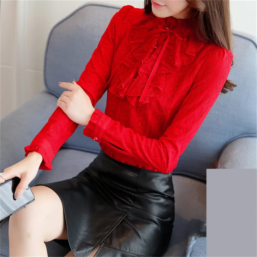 2019 Autumn Winter Slim Women Lace Blouses Female Plus Size Thick Velvet Bow Tie Shirts All-match Lady Tops Pullovers Brief W650