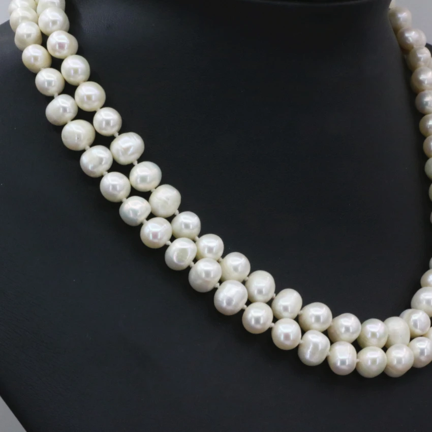 Natural white freshwater cultured 8-9mm pearl beads necklace for women 2 rows chain hot sale gifts choker jewelry 18inch B3229