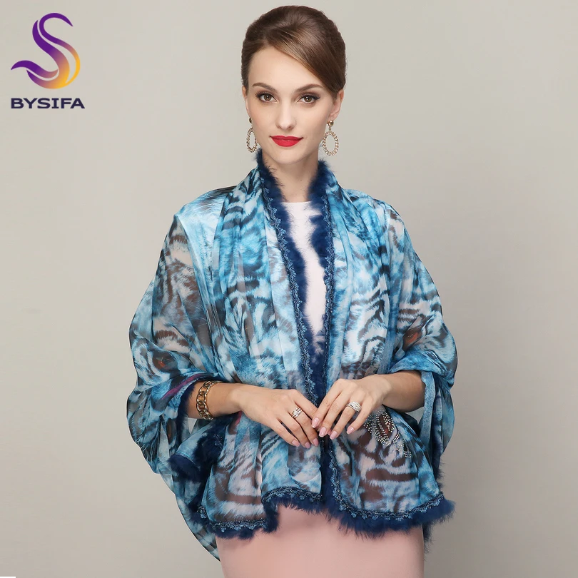 [BYSIFA]  Green Pink  Women Genuine Rabbit Fur Scarves Fashion Chiffon Large Silk Scarf Leopard Printed Winter Warm Scarf Shawl