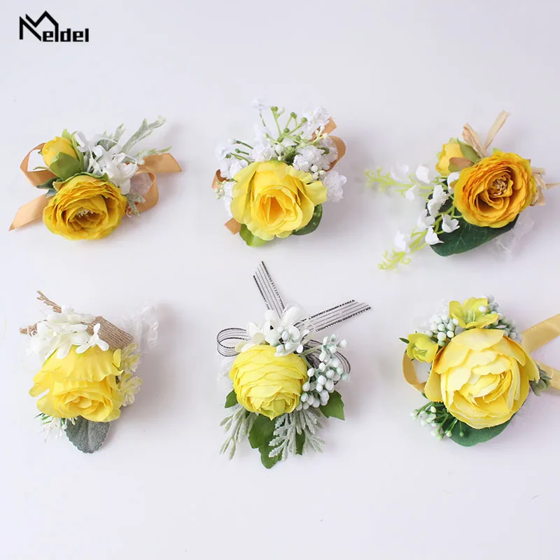 Meldel Boutonniere 신랑 Corsage 신부 손목 Corsage 팔찌 노란색 인공 실크 은방울꽃, 웨딩 용품