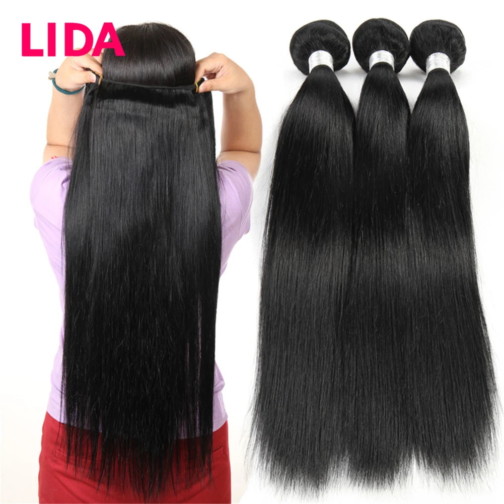 LIDA 100% человеческие волосы для наращивания, бразильские прямые волосы в пучках, натуральные черные человеческие волосы без повреждений, плетение 3 пупряди, сделка 100 стандарта