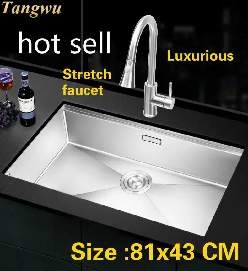 

Free shipping Apartment luxurious big kitchen manual sink single trough stretch faucet 304 stainless steel hot sell 81x43 CM