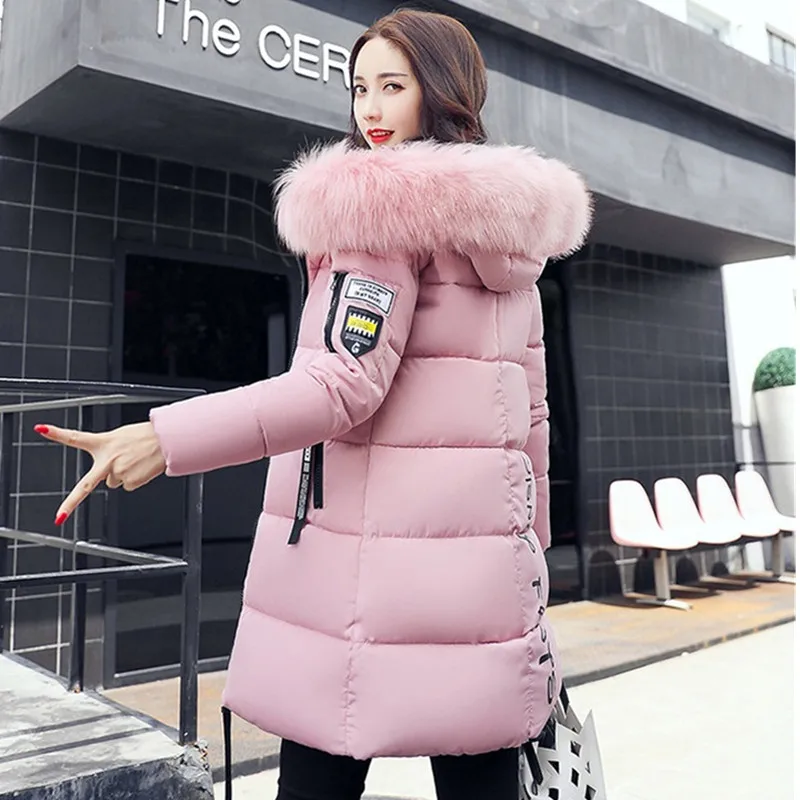 Women's Fur collar Hooded Coats Parka Fashion Letter Patch Zipper Design Long Jacket Elegant Warm Thick Outwear Lady Winter 2025