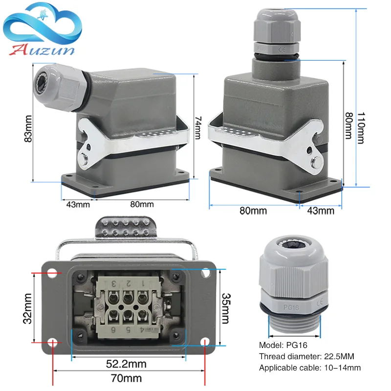HDC-HE-006 rectangular heavy duty connector 6 core pins aviation Industrial automation control cabinet plug socket 10A 250V