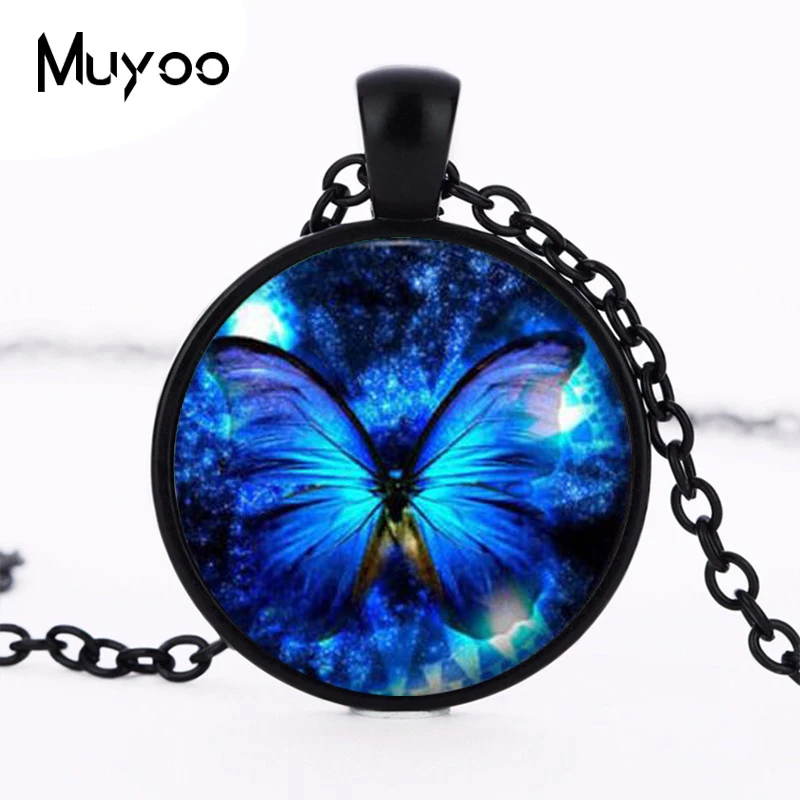 Picture 4: Blue Butterfly Pendant Necklace fashion vintage Glass pendant dome Cabochon Round Pendant steampunk necklace Jewelry HZ1