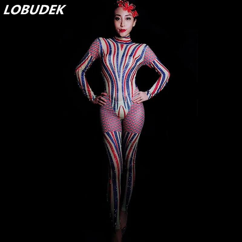 

Sexy Transparent Stage Costume Colorful Rhinestones Stripes Jumpsuit Long Sleeve Mesh Elastic Women Singer Dancer Skinny Leotard