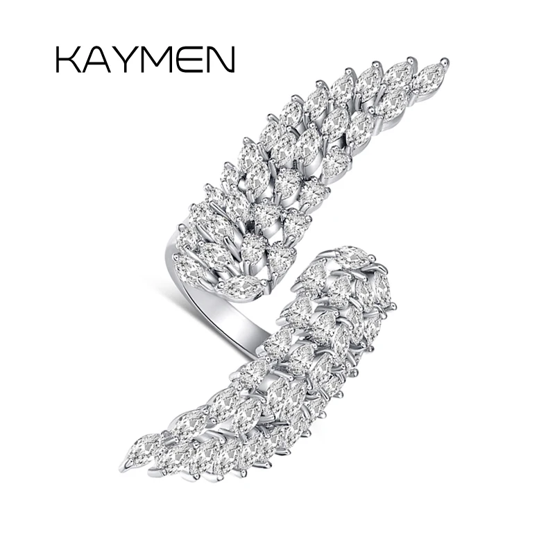 

KAYMEN Fashion Copper Inlaid AAA Zircon Angel Wings Shape Statement Ring For Women Luxury Engagement Party Finger Rings Jewelry