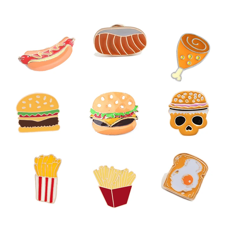 Funny Badge Fast Food Brooch Skeleton Pins Hot Dog Pizza Toast Skull Brooches For Children Enamel Lapel Pin Cartoon Jewelry Gift