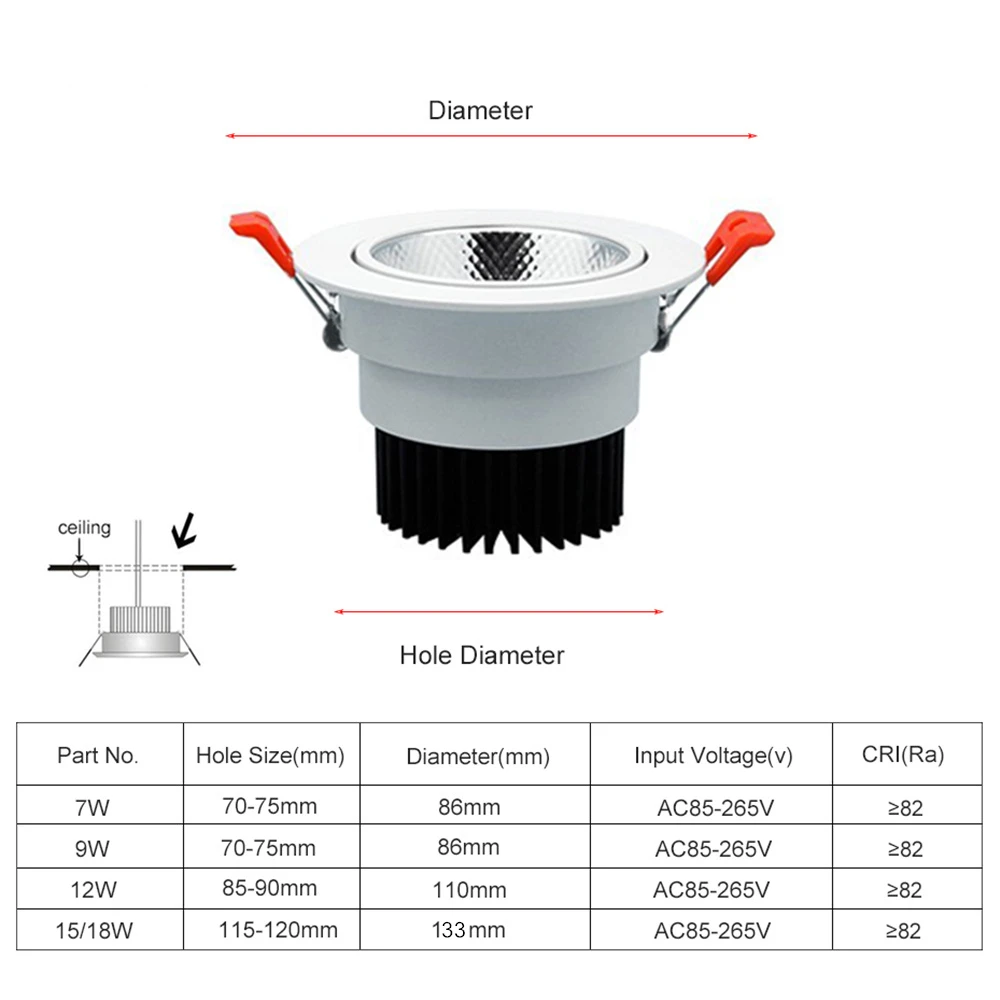 Imagem -03 - Dimmable Led Cob Downlight Lâmpada do Teto Epistar Ângulo Ajustável Luz Embutida do Ponto Decoração de Casa 7w 9w 12w 15w 18w 3000k 6000k