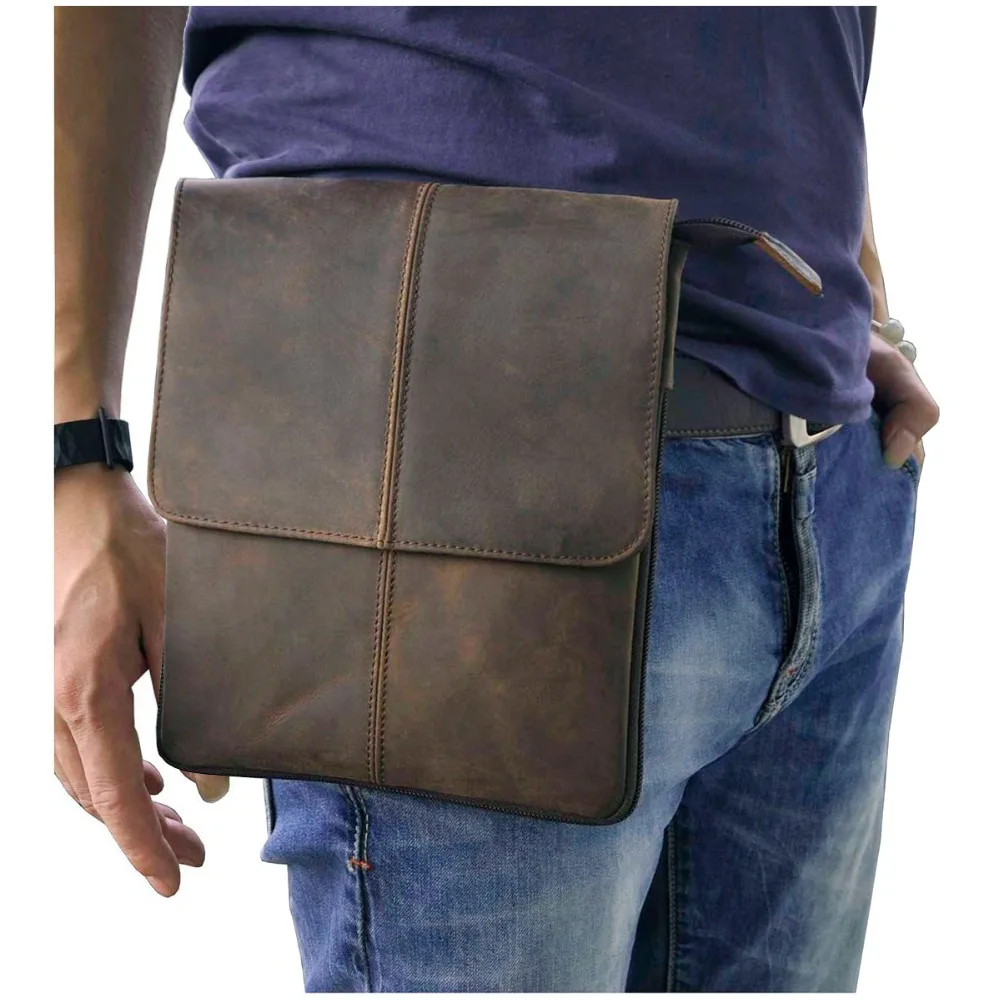 Crazy Horse Leather Men Vintage Retro Slim Messenger Shoulder Crossbody Bag Design Fanny Waist Belt Pack Phone Pad Pouch 8713