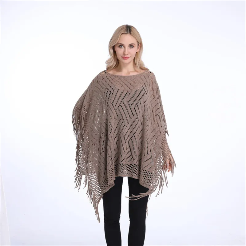 

Summer Autumn Woman PonchoThin Sweater Solid Hollow Poncho Cardigan Plus Size Sweaters Tassel Pullovers Bikini Cover Up