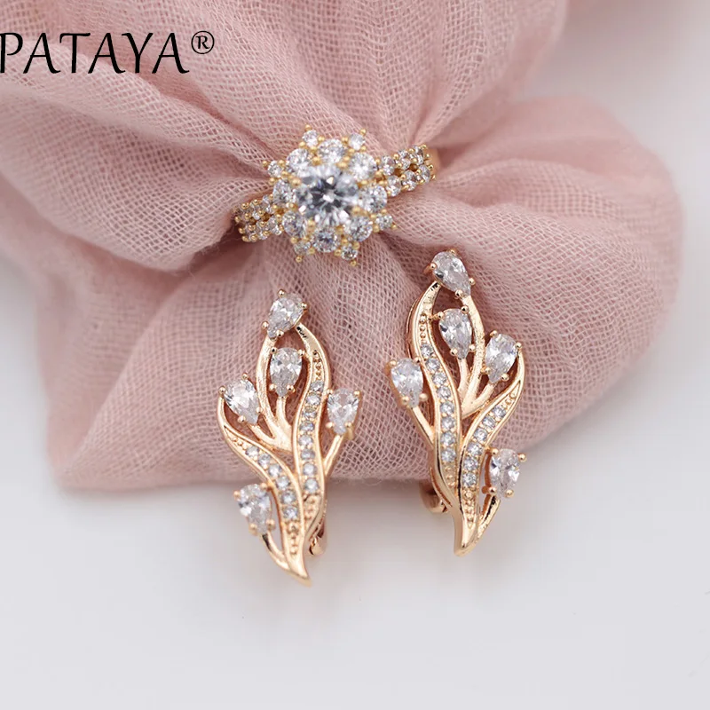 PATAYA New 585 Rose Gold Color Original Design Women Luxury Jewelry White Water Drop Leaf Natural Zircon Big Earrings Rings Sets