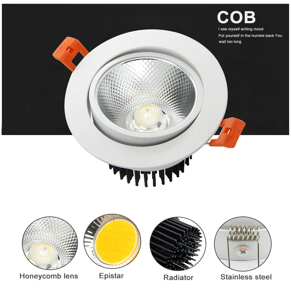 Angle Adjustable LED Recessed Downlight Dimmable 7W 9W 12W 15W 18W Epistar COB Chip Ceiling Spot Lamp with 110/220V Driver